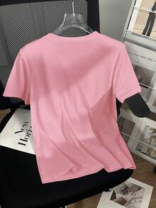 Resyla Women's Round Neck Embellished Chain Design Short Sleeve Casual T-Shirt, Summer - Pink - View 2