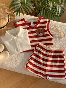 SHEIN 3件套男宝宝夏季休闲可爱条纹卡通图案红色条纹背心、白色衬衫、短裤绅士套装，适合生日派对、锐舞派对、晚宴、演出、婚礼、迎婴派对、一周岁生日庆祝等场合。 - 彩色 - 查看 7