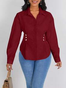 SHEIN LUNE Women Solid Color Long Sleeve Fitted Shirt, Minimalist Style, Suitable For Commuting, Autumn - Red - View 5