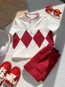 SHEIN 2件套 幼儿男童春夏酒红色格子短袖polo衫和短裤套装，男婴服装