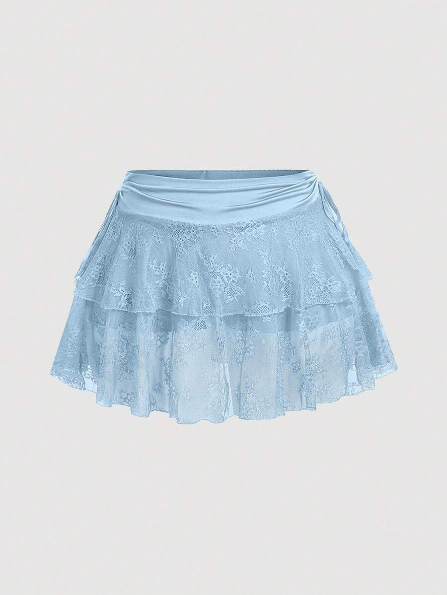 SHEIN MOD 大码女式黑色蕾丝抽绳腰迷你裙，新年、锐舞派对、Y2K风格服装、性感半身裙、西部风女装、夏季女装、乡村风服装、情人节、邮轮度假性感装扮 - 藍色 - 查看 1