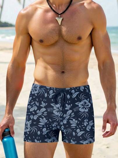 Manfinity Swimmode Men's Floral Print Beach Casual Swimming Trunks Men Swim Trunks Board Shorts With Compression Liner Bathing Suit Quick Dry  ,Hawaiian
