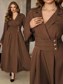 Roveilla 大码女式粗花呢面料翻领腰部褶皱星形装饰A字长袖连衣裙，优雅复古法式办公室通勤商务休闲街头风，百搭，适合冬季、圣诞节、感恩节、派对、新年等场合。 - 咖啡棕 - 查看 1