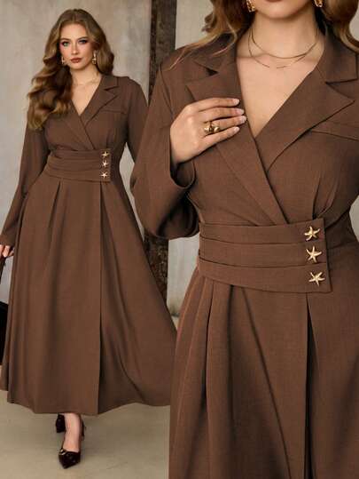 Roveilla 大码女式粗花呢面料翻领腰部褶皱星形装饰A字长袖连衣裙，优雅复古法式办公室通勤商务休闲街头风，百搭，适合冬季、圣诞节、感恩节、派对、新年等场合。