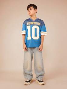 SUMWON Camiseta de manga corta con cuello en V de verano casual con gráfico del número 10 de fútbol para niños, talla grande - Azul - Ver 4