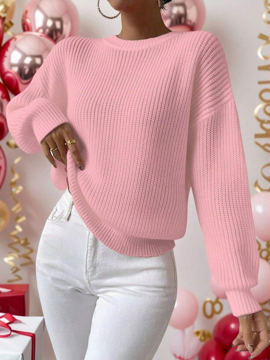 SHEIN LUNE Women's Casual Baby Pink Rib-Knit Round Neck Drop Shoulder Long Sleeve Regular Pullover Sweater - Baby Pink - View 1
