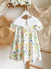 Souflis Souflis 女童春夏休闲可爱新款连衣裙，正面饰有可爱的刺绣兔子图案，白色梭织面料印有可爱的兔子数码印花，短泡泡袖，圆领设计，适合年轻女孩穿着，可爱活泼，优雅休闲时尚，适合日常穿着、上学、外出等场合，女童碎花图案连衣裙。动物图案女童连衣裙，复活节儿童连衣裙，春季音乐主题女童连衣裙，优雅派对连衣裙。夏季服装。优雅派对连衣裙。夏季服装。 - 黃色 - 查看 2