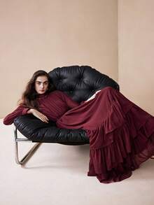 Arave Women's Elegant Loose Fit Chiffon Layered Ruffle Collar Dress New Year - Burgundy - View 3