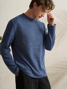 Manfinity Dauomo Áo thun dài tay nam màu trơn, chất liệu dệt kim gân, kiểu dáng thường ngày, đa năng cho việc đi làm, mùa xuân/thu. - Màu xanh lam - Xem 5