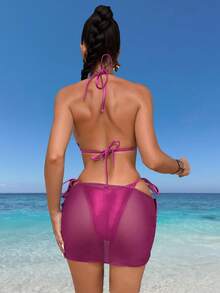 Swim SXY 25SS 性感亮面比基尼三件套，夏季海滩度假 - 酒紅色 - 查看 2