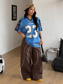 SHEIN Coolane 女士夏季节日复古街头运动服号码印花超大棒球衫T恤 - 藍色 - 查看 2