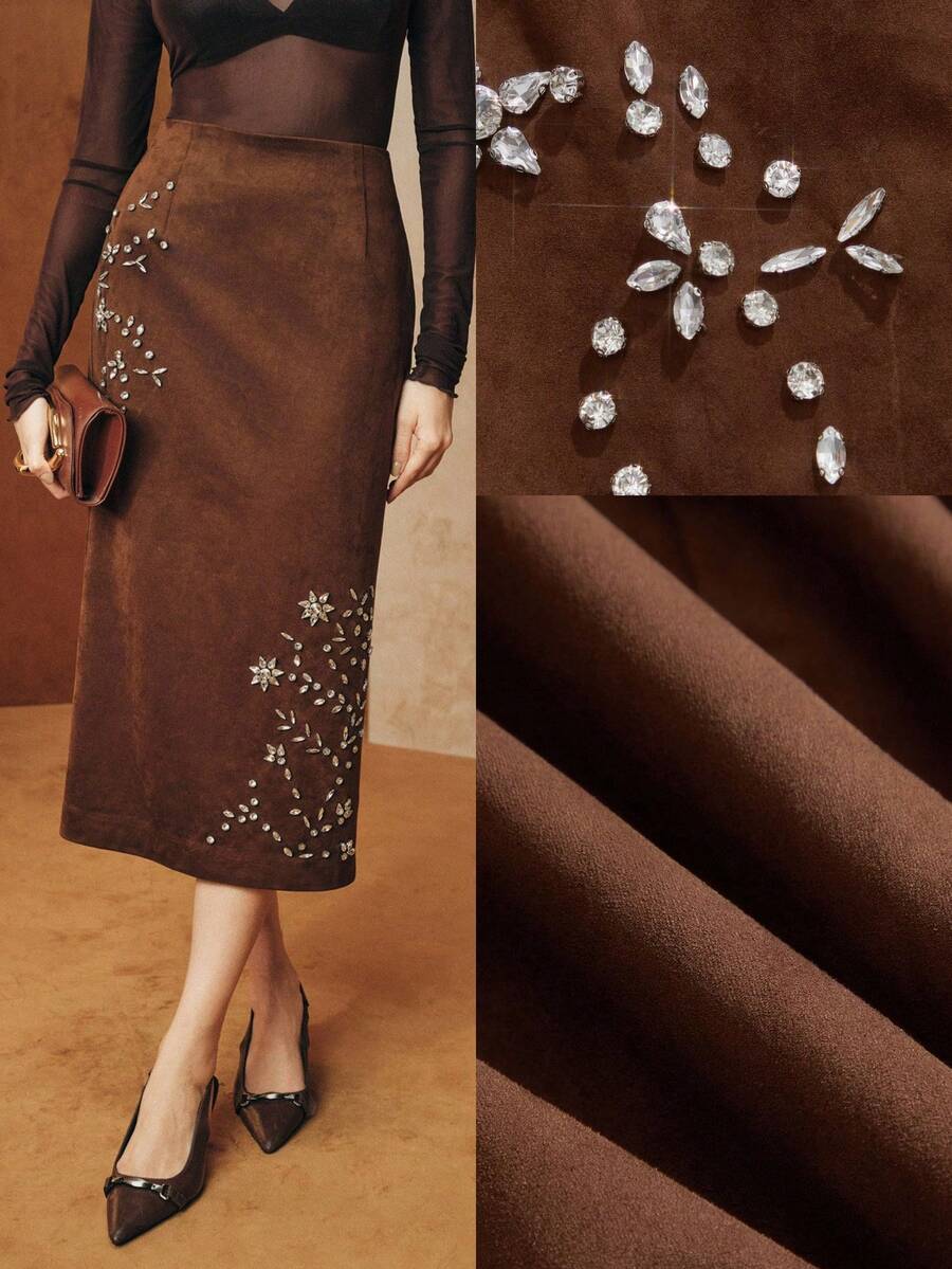 Anewsta Women's New Khaki Rhinestone Embellished A-Line Skirt, Elegant & Refined Mini Skirt - Khaki - View 1