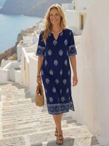 EMERY ROSE 女士花卉印花 V 领短袖中长连衣裙 - 彩色 - 查看 3