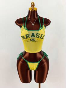 Amplova 3pcs Women's Swimsuit Set, Yellow-Green Contrast Brazilian Pattern Print, Including Camisole Top, Suitable For Party, Date, Vacation - Multicolor - View 1