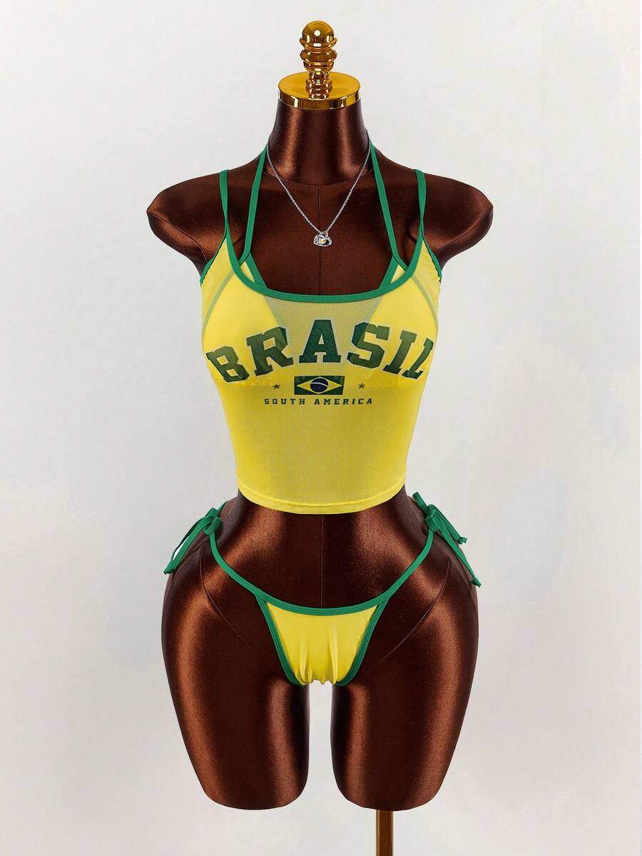 Amplova 3pcs Women's Swimsuit Set, Yellow-Green Contrast Brazilian Pattern Print, Including Camisole Top, Suitable For Party, Date, Vacation - Multicolor - View 1