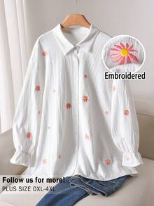 CosyJoli 大码女式刺绣衬衫，复古休闲上衣，休闲少女风女装，长袖纽扣衬衫 - 米色 - 查看 1