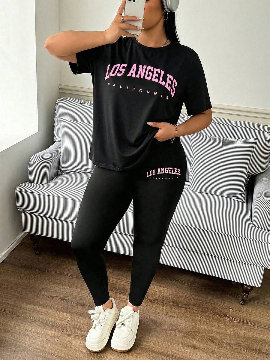 SHEIN EZwear 大码夏季休闲字母印花T恤和打底裤两件套 - 彩色 - 查看 1
