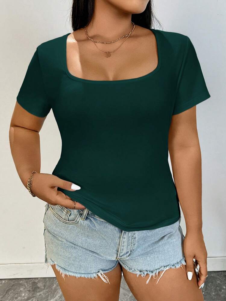 SHEIN Essnce Blusa de verano para mujer talla grande, blusa casual de mujer, manga corta de verano, blusa de verano para salir, blusa para conciertos country y raves de mujer - Verde Oscuro - Añade 3