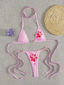 Swim Vcay 2件套女士新款印花细肩带露背超三角比基尼上衣和丁字裤性感比基尼套装 - 粉色 - 查看 1