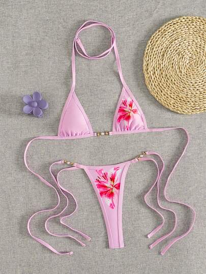 Swim Vcay 2件套女士新款印花细肩带露背超三角比基尼上衣和丁字裤性感比基尼套装