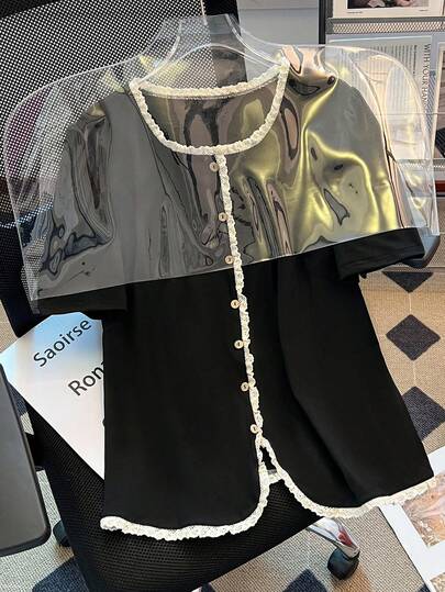 SHEIN CURVE+ Plusstorlek Dam Elegant Kontrastfärgad Spetsblus T-shirt, Sommar