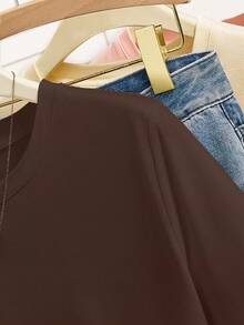 Resyla 女士休闲宽松流苏下摆短袖T恤，棕色/咖啡色，时尚简约，适合返校季和教师节穿着 - 咖啡棕 - 查看 5