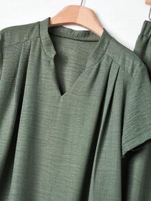 Rusticease Women's V-Neck Geometric Print Long Sleeve Top And Wide Leg Pants Casual Outfit - Army Green - View 6