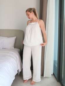 Turnttoni French Elegant Loose Romantic Camisole Top & Long Pants Pajama Set - White - View 5