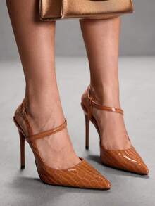 CUCCOO SZL 女士尖头高跟鞋，亮黑色材质，时尚性感夜店派对走秀踝带超高跟鞋，圣诞节必备 - 7639石頭紋棕33 - 查看 5