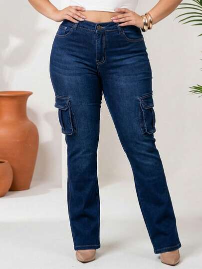 Mujer casual pantalón vaquero bolsillos cargo pierna acampanada ajuste cómodo uso diario jeans