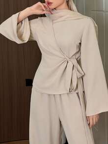 DAZY 女士纯色裹身系带长袖外套和阔腿裤套装 - 杏色 - 查看 2