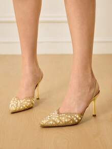 CUCCOO HITCHD 女士尖头仿珍珠装饰优雅日常百搭时尚高跟鞋 - 金色 - 查看 10