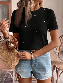 SHEIN Frenchy Áo thun ngắn tay nữ thêu chỉ họa tiết trái tim, kiểu dáng thường ngày, thích hợp mặc hàng ngày. Áo thun mùa hè, áo thun cotton nữ, áo thêu, áo kiểu mùa hè. - Nhiều màu - Xem 2