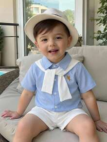 4pcs Baby Boy Blue Summer Elegant Vacation Holiday Gentleman Outfit,Striped Short Sleeve Shirt,Elastic Waist Shorts,Shawl&Belt For Birthday,Wedding - Multicolor - View 2