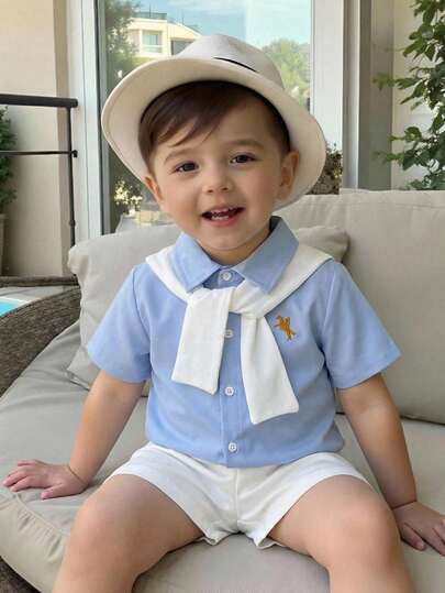 4件套男宝宝春夏可爱条纹短袖衬衫、松紧腰短裤、披肩、绅士套装（含腰带），适合生日派对、晚宴、演出、婚礼、迎婴派对、一周岁生日庆祝等场合。