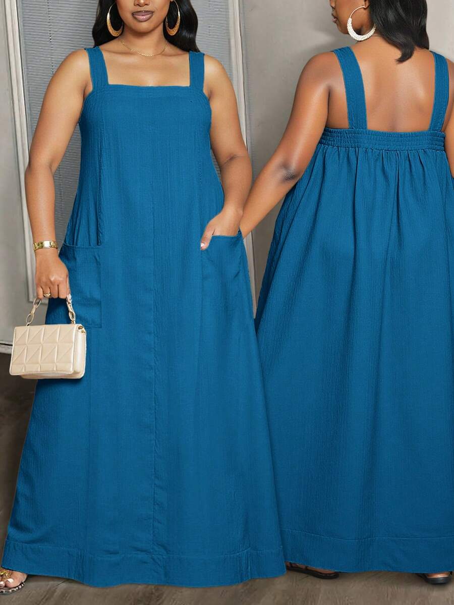 Slaydiva Bộ sưu tập thời trang nữ cỡ lớn mùa xuân/hè 2025 mới, thích hợp cho mùa thu/trở lại trường học/bắt đầu năm học/năm học mới/công sở/văn phòng/ngoài trời/sân bay/lễ tốt nghiệp/kỳ nghỉ thanh lịch/phong cách đường phố. Váy dài dáng suông kaki rộng rãi có dây đeo và túi, cỡ lớn, kiểu dáng xòe. - Màu xanh lam - Xem 1