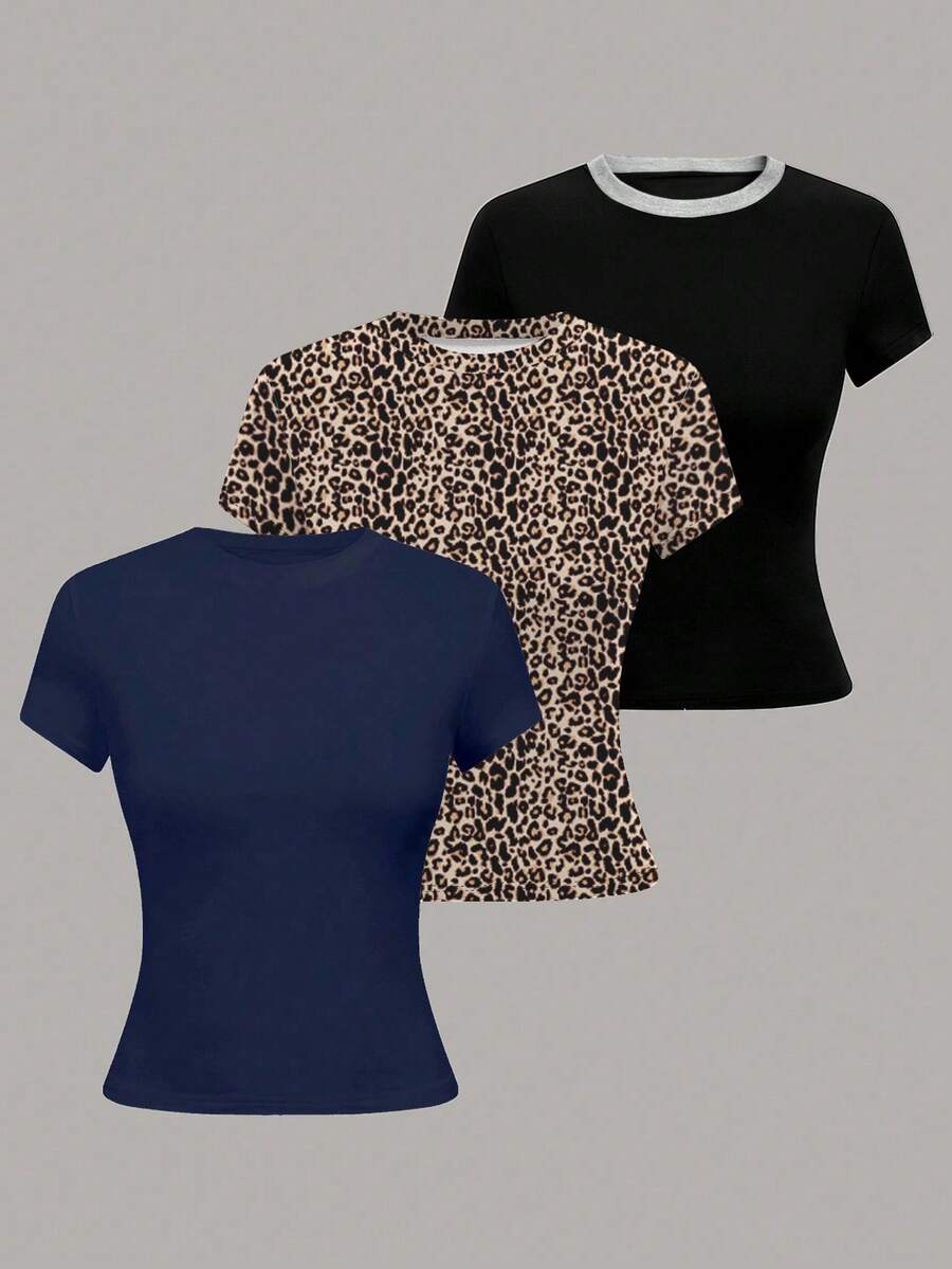 SHEIN 女士圆领短袖休闲修身T恤 - 彩色 - 查看 1