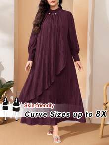 SHEIN CURVE+ 大码优雅纯色灯笼袖连衣裙，适合通勤。 - 酒紅色 - 查看 7