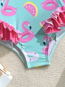 Bañador de una pieza para bebé niña con estampado de cerezas, hecho de tela de punto con volantes y lazo en el hombro, elegante y casual, adecuado para nadar, vacaciones y verano. Bañador de una pieza para bebé niña con estampado floral aleatorio, estilo vacaciones/playa con flamencos, bañador de flamencos para niña, bañador de verano rosa y lindo para bebé - Multicolor - Ver 4