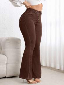 Flexra Plus Size High Waist Slim Fit Flare Leg Washed Dark Blue Jeans - Coffee Brown - View 4