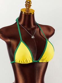 Amplova 3pcs Women's Swimsuit Set, Yellow-Green Contrast Brazilian Pattern Print, Including Camisole Top, Suitable For Party, Date, Vacation - Multicolor - View 12