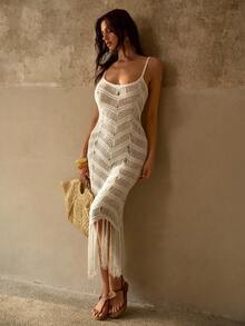 MOTF PREMIUM SPAGHETTI STRAP CROCHET HOLLOW OUT FLOWY TASSEL SHEER VACATION KNIT COVER UP - White - View 6