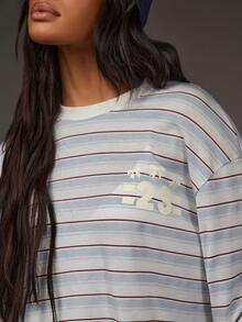 Athîral 女士休闲日常通勤撞色条纹数字蝴蝶结印花宽松落肩T恤，春秋季 - 彩色 - 查看 3