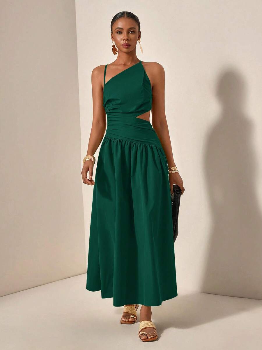 New Casual Vacation Asymmetric Hollow-Out Backless Criss-Cross Strap Dress ,Summer Dress - Dark Green - View 1