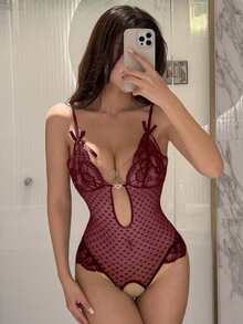 DAZY Adjustable Sheer Mesh Hollow-Out Sexy Bodysuit For Women - Burgundy - View 5