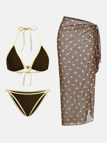 Maija Women's Summer Beach Contrast Color Halter Sexy Bikini Swimsuit Set With Polka Dot Coverup And Mini Skirt Holiday Vacation,Vacation Outfits Women,Summer Holiday Outfits ,Beach Vacation Outfits For Women - Brown - View 7