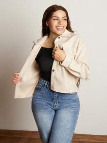 Lupita Cardoza 秋冬款翻盖口袋落肩纽扣前开襟大衣 - 杏色 - 查看 4