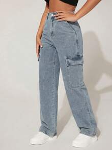 SHEIN PETITE Casual Washed High Waist Straight Leg Cargo Jeans - Blue - View 3