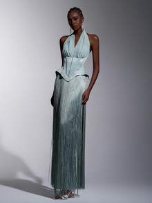 Elitara Elegant, Romantic, Fashionable, Dignified Gray-Green Sequin Fabric Satin Splice Halter Mermaid Hem Elegant Party Dress, Wedding Guest Dress, Green Dress, Fashionable Elegant Wedding Guest Formal Evening Gown - Green - View 1