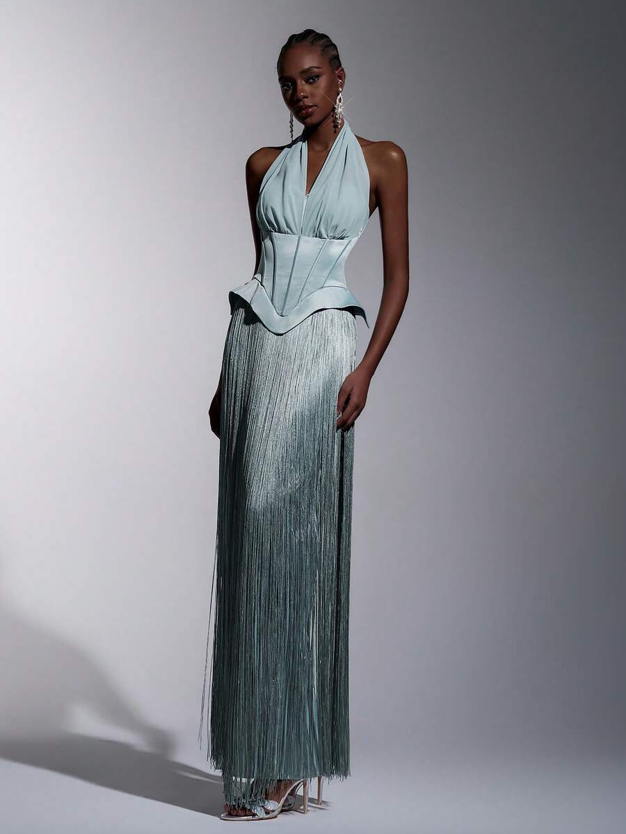 Elitara Elegant, Romantic, Fashionable, Dignified Gray-Green Sequin Fabric Satin Splice Halter Mermaid Hem Elegant Party Dress, Wedding Guest Dress, Green Dress, Fashionable Elegant Wedding Guest Formal Evening Gown - Green - View 1